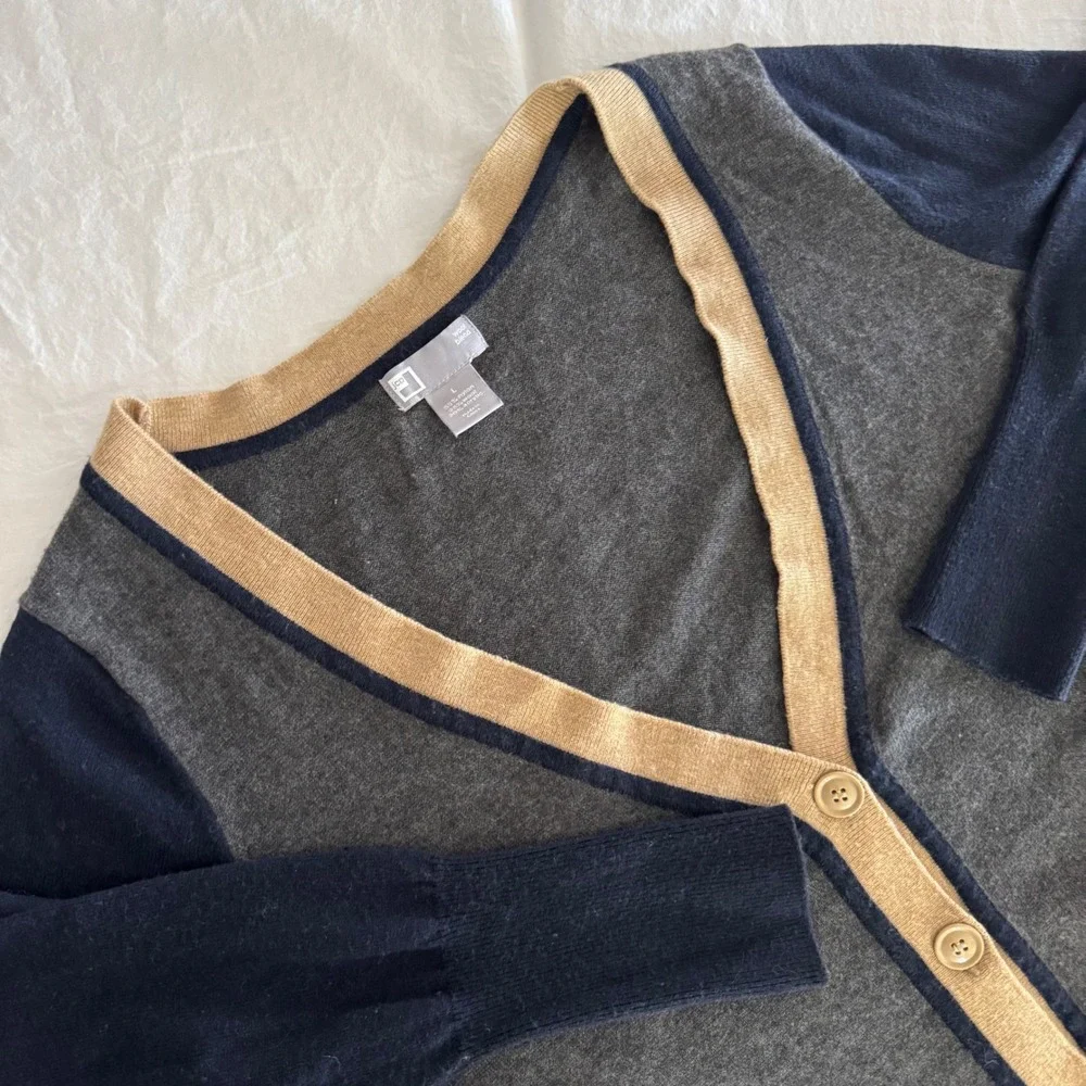 JCP Women's Size L Multicolor Wool Blend Colorblock V-Neck Button Front Cardigan